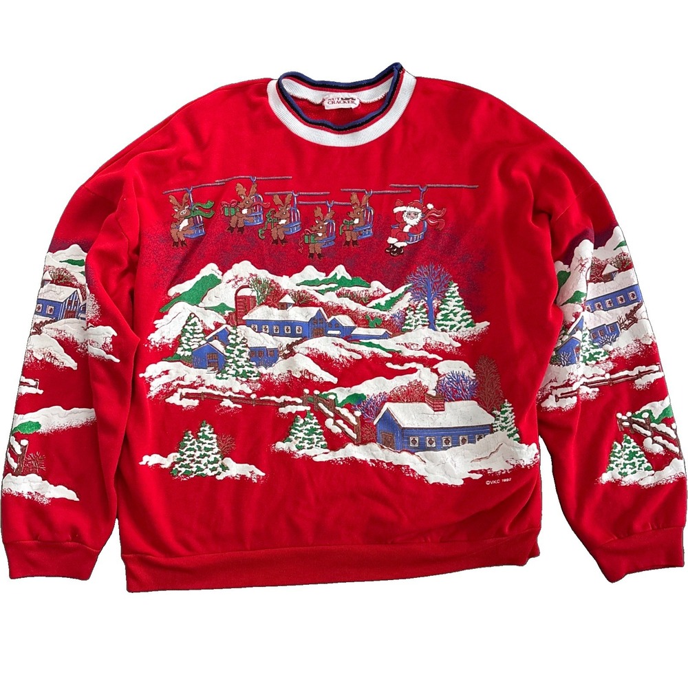 Nut Cracker Christmas Sweatshirt Womens 1X Ski Lift Santa Puffy 3D VTG USA 90s
